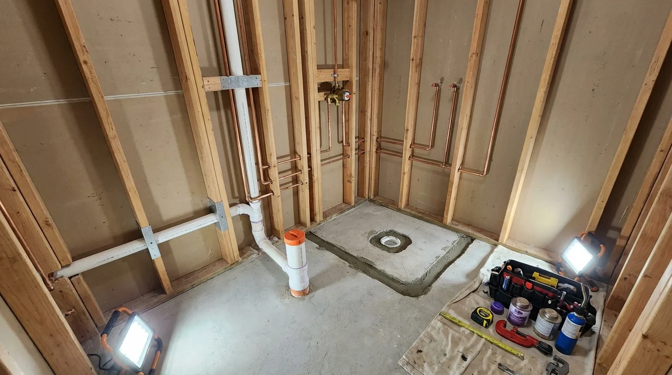 Bathroom rough-in plumbing during remodel by Johns Plumbing LLC in Muncy