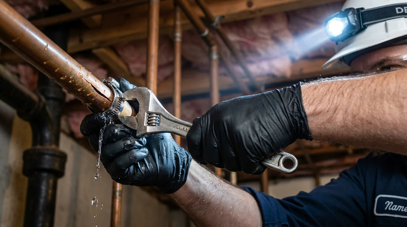 Emergency pipe clamp repair being performed by a Johns Plumbing LLC plumber in Muncy