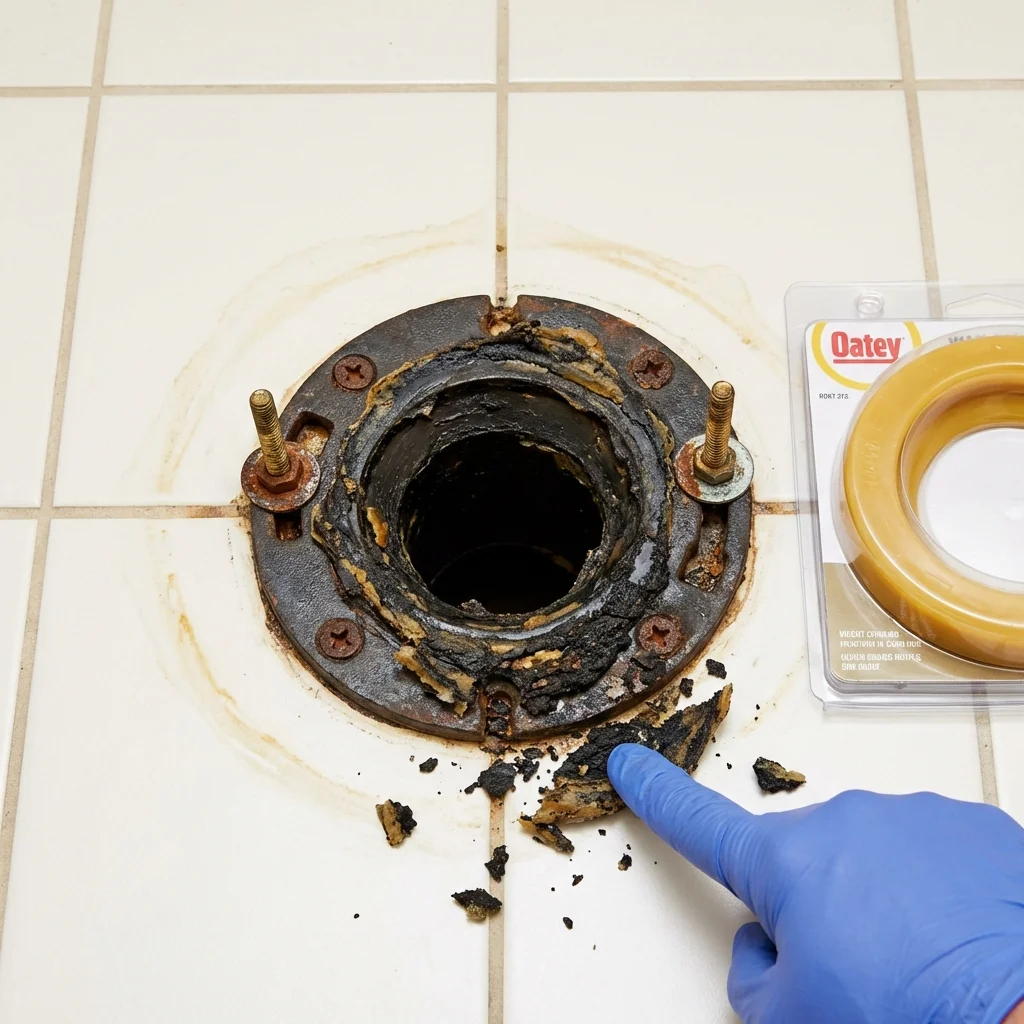 Failed wax ring showing water seepage at the base of a toilet in a Muncy, PA home