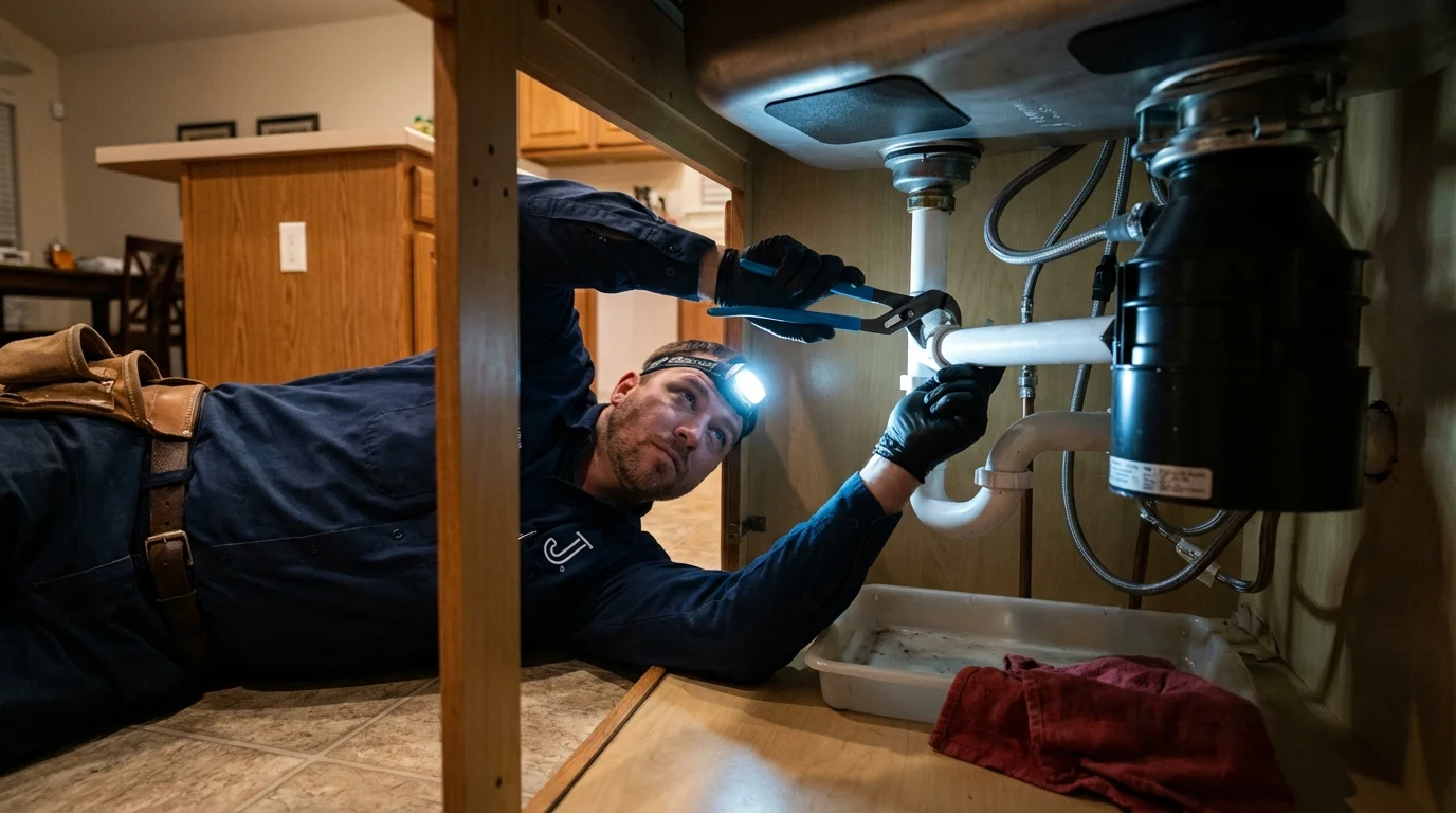 P-trap and supply line connections under a kitchen sink showing a common leak point in Muncy, PA